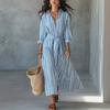 European and American Autumn New Lapel Striped Seven-quarter Sleeve Lace-up Waist Beach Vacation Long Dress