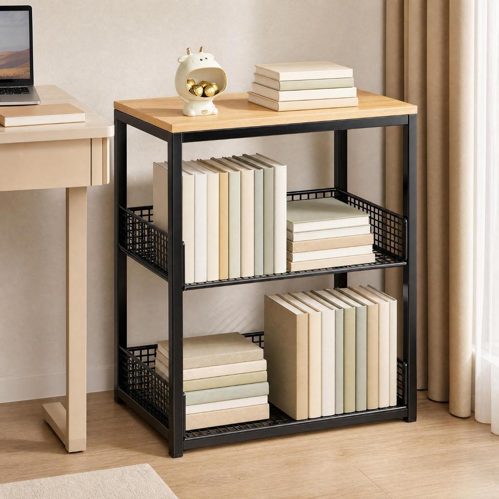 Open WireMesh Storage Rack with Raised Sides Versatile Metal Frame WoodWoodenLook