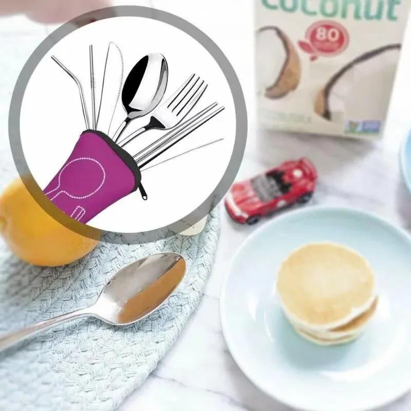 Outdoor Portable Cloth Bag Knife Fork Spoon Chopsticks Straw Rich Flowers Seven Sets 7pcs/ Set Stainless Steel Tableware Set