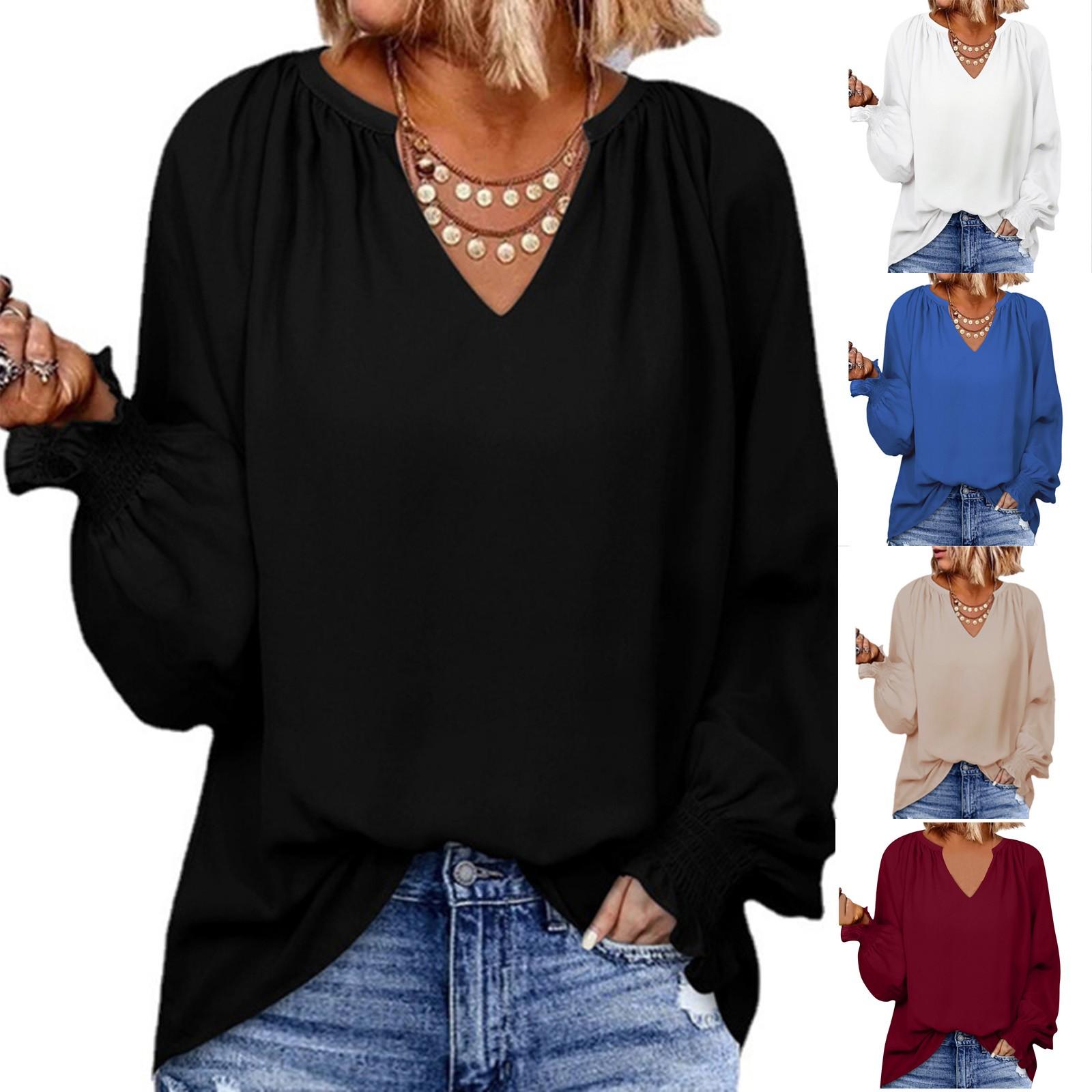

Женская осенняя и зимняя однотонная V-образная рубашка с длинным рукавом