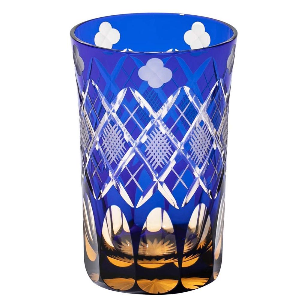 [Taimuro Workshop Official] Edo Kiriko Tumbler with Four-Leaf Clover and Yarai-Nanako Pattern (Amber Lapis Lazuli) TB94419AB, Wooden Box Included, Mad