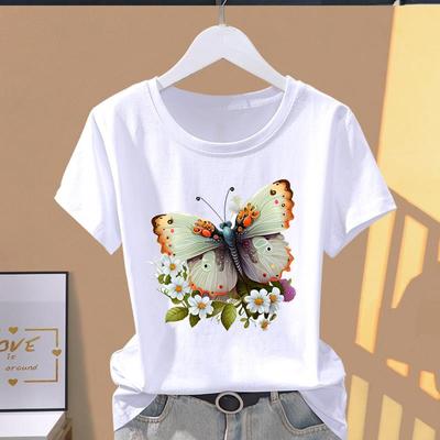 (Asian Size) Graphic Tee T Clothing Casual Butterfly Flower Sweet 90s Fashion Print Female Casual  Women's Top Lady Short Sleeve T-shirt