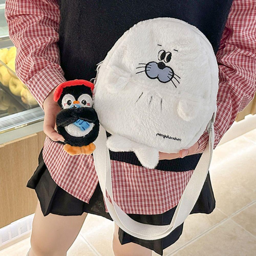 Kawaii Penguin Plush Crossbody Bag Adorable Animal Shoulder Bag Cute Soft Seal Backpack  Women
