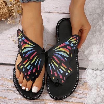 Fashion Women Butterfly Graffiti Slippers2025 Summer Fashion Lightweight Anti Slip Flat Bottom Flip Flops Outdoor Beach Casual Shoes