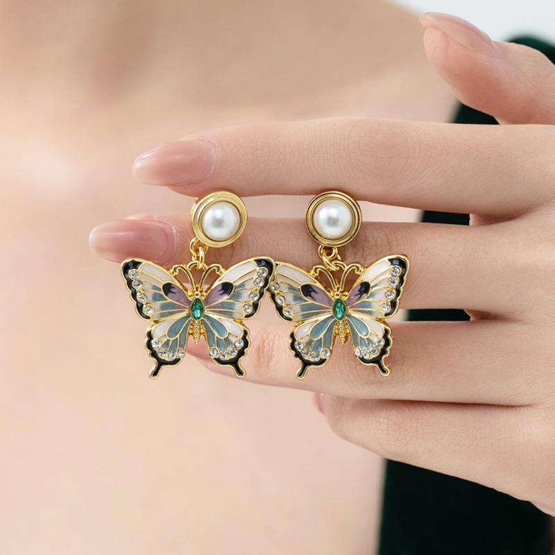 Three-Dimensional Enamel Pearl Flower & Butterfly Earrings, Court Style, Insect Series, 925 Silver Studs for Women
