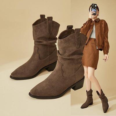 Grote Maten Retro Geborduurde V-Hals Dames Chunky Hak Mid-Kalf Laarzen