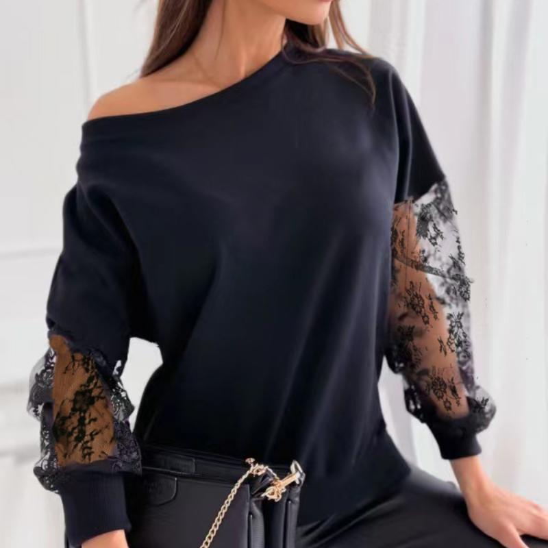 

Новые кружевные лоскутные женские блузки и топы с длинным рукавом, модные белые рубашки с косым вырезом для женщин, элегантная облегающая винтажная однотонная офисная женская рубашка 26105 M чёрный
