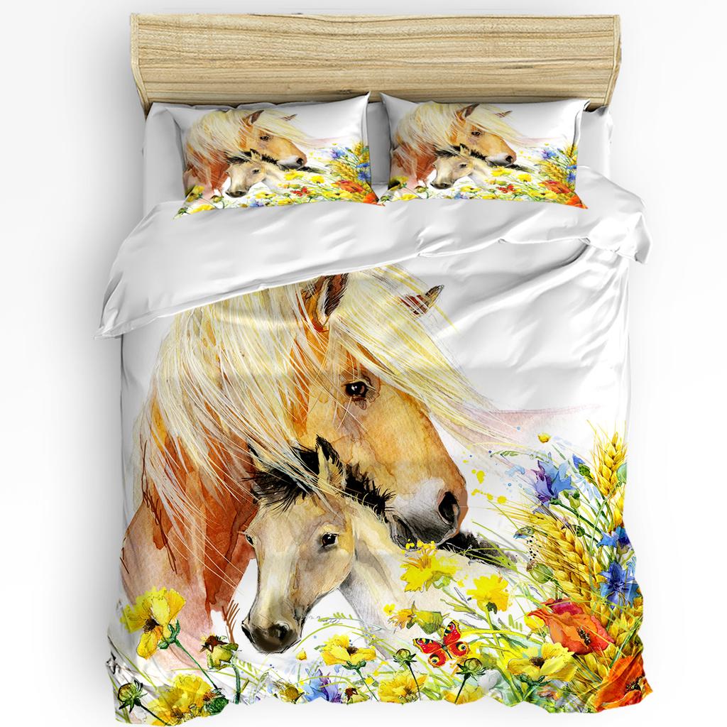 Farbe Tier Pferd Aquarell Blumen Bettwäsche Set 3-teilig Bettbezug Kissenbezug Kinder Erwachsene Steppdeckenbezug Doppelbett Set Heimtextilien