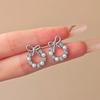 Gold Plated Bow Circle Stud Earrings With Faux Pearl Shiny Cubic Zirconia For Wedding Date Daily Wear