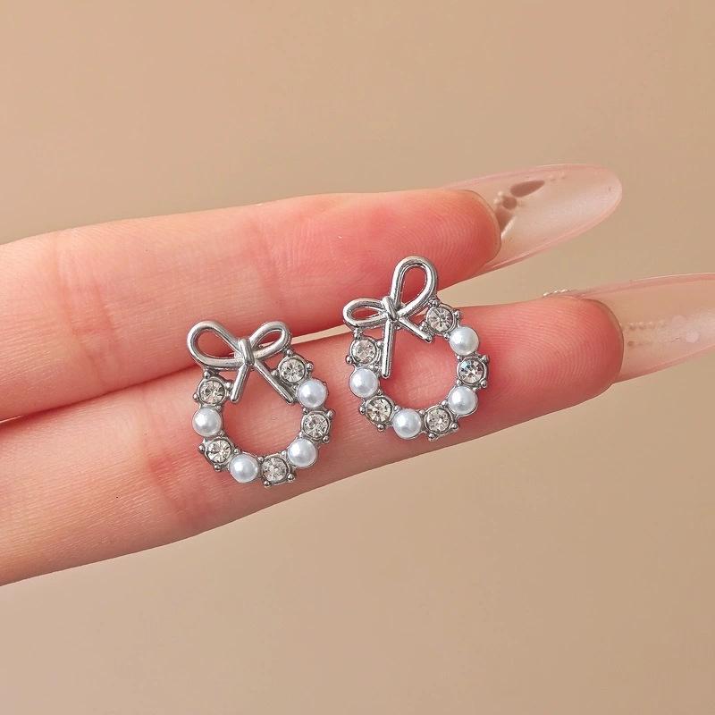 Gold Plated Bow Circle Stud Earrings With Faux Pearl Shiny Cubic Zirconia For Wedding Date Daily Wear