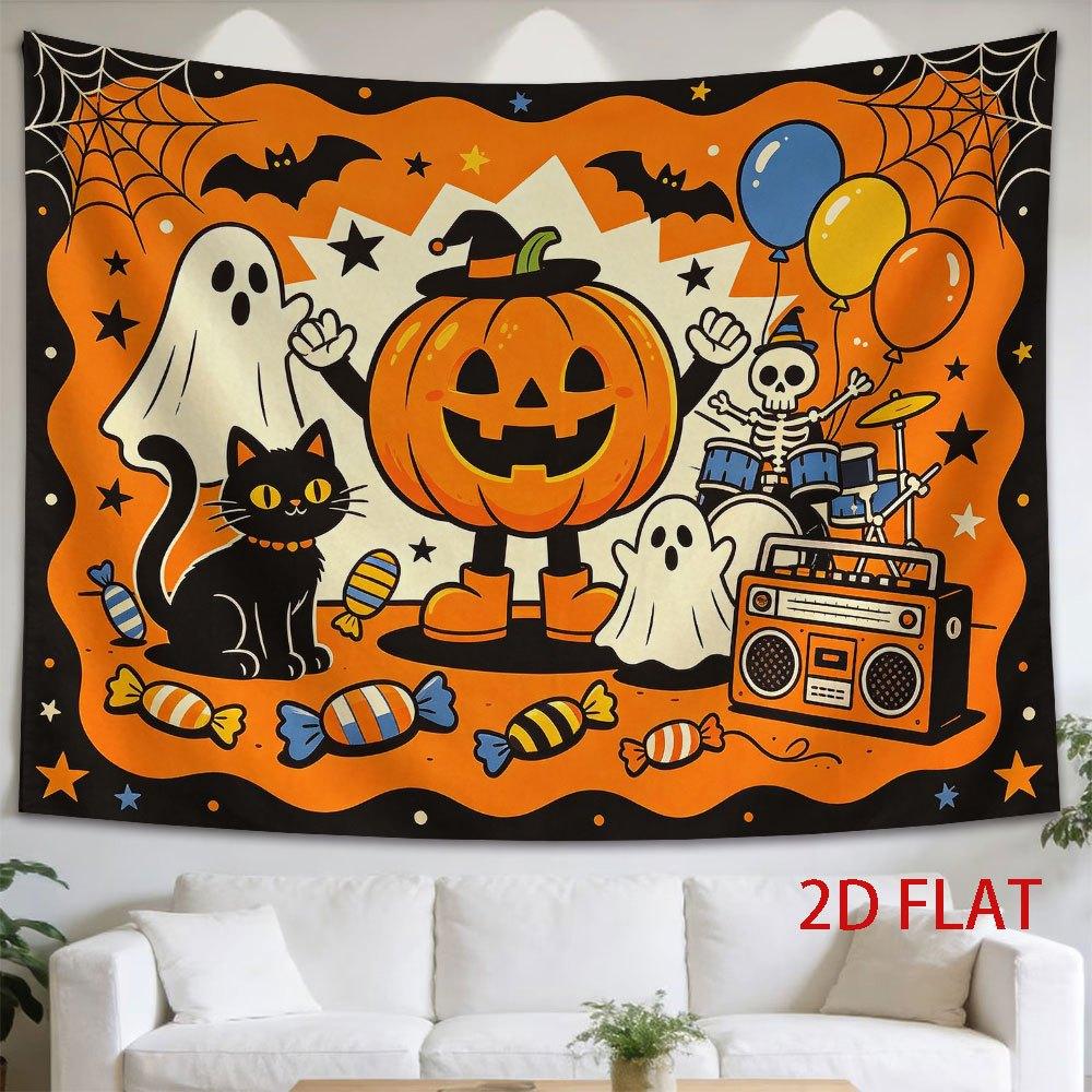 2D Flat - 2D Flat - 1pc 2D Flat Tapestry Halloween Party Tapestry Featuring Jack-O'-Lantern, Skeleton, Black Cat, Bats, Ghosts, Balloons, And Candy Ag