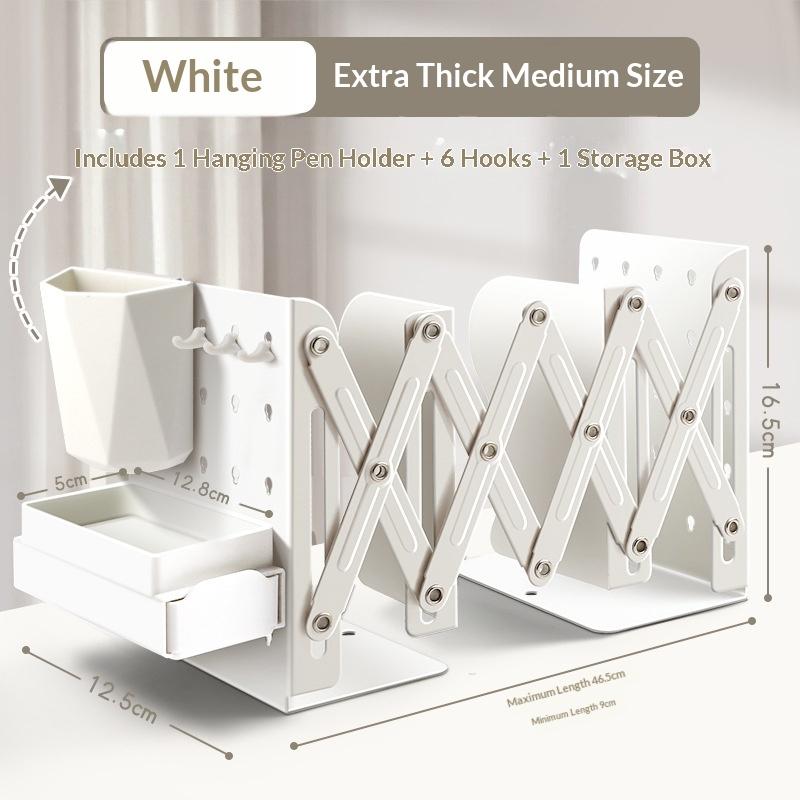 1Pcadjustable Expandable Book Organizer With Pen Holder And Hooks Holds 80 Books Perfect For Student Home Office Desktop Storage