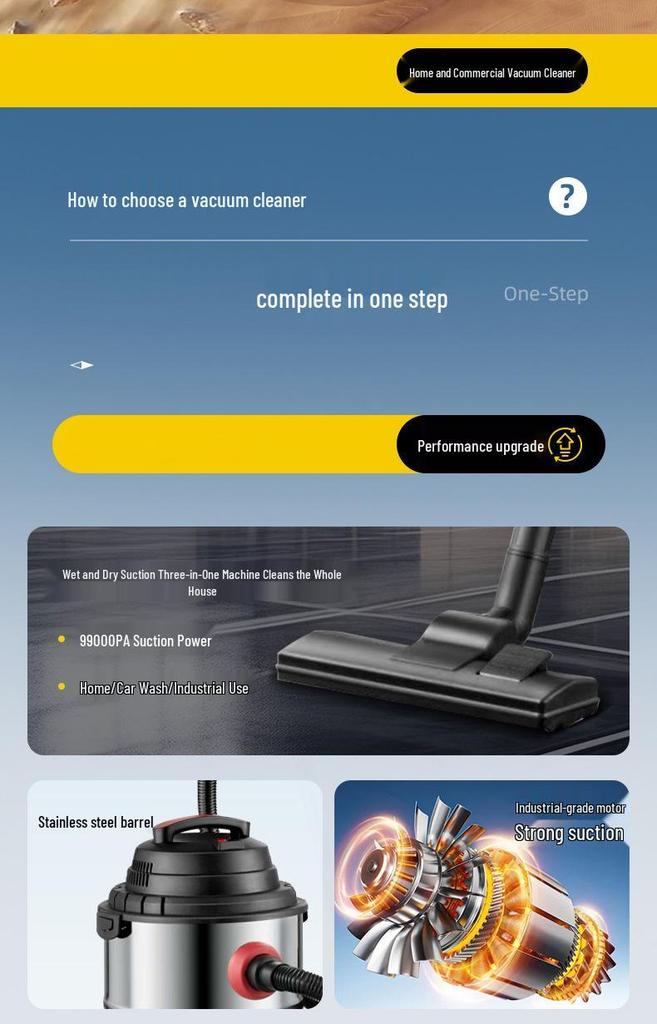 High-Power Three-in-One Wet Dry Vacuum Cleaner with Strong Suction for Household and Commercial Use