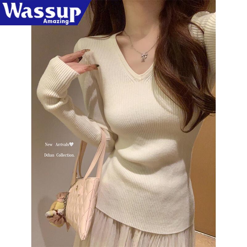 WASSUP Minimalist V-Neck Knitted Long-Sleeve Sweater