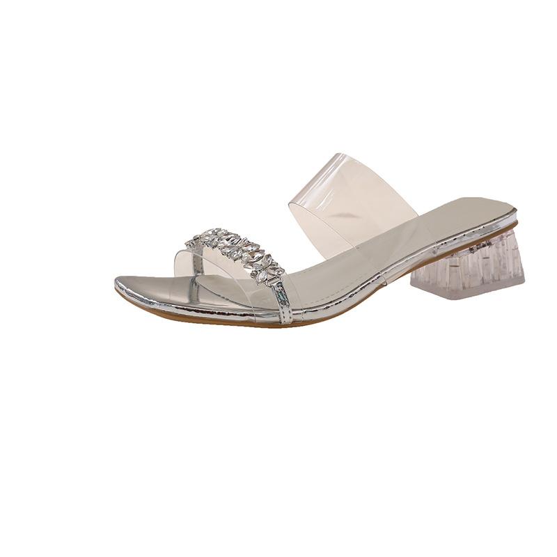 Fairy Feng Shui Diamond Cool Slippers Female Summer Wear Fashion High-end Transparent One-word Belt Medium Thick Heel Crystal Slippers
