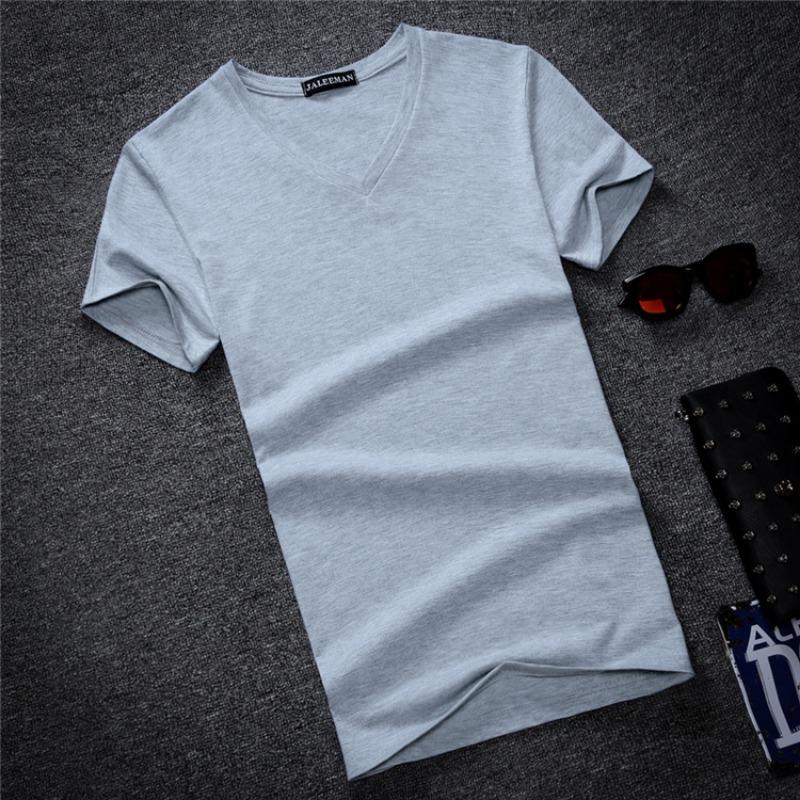 QICED Men's Tide Cotton Short Sleeve Summer Solid Colour V-Neck T-Shirt