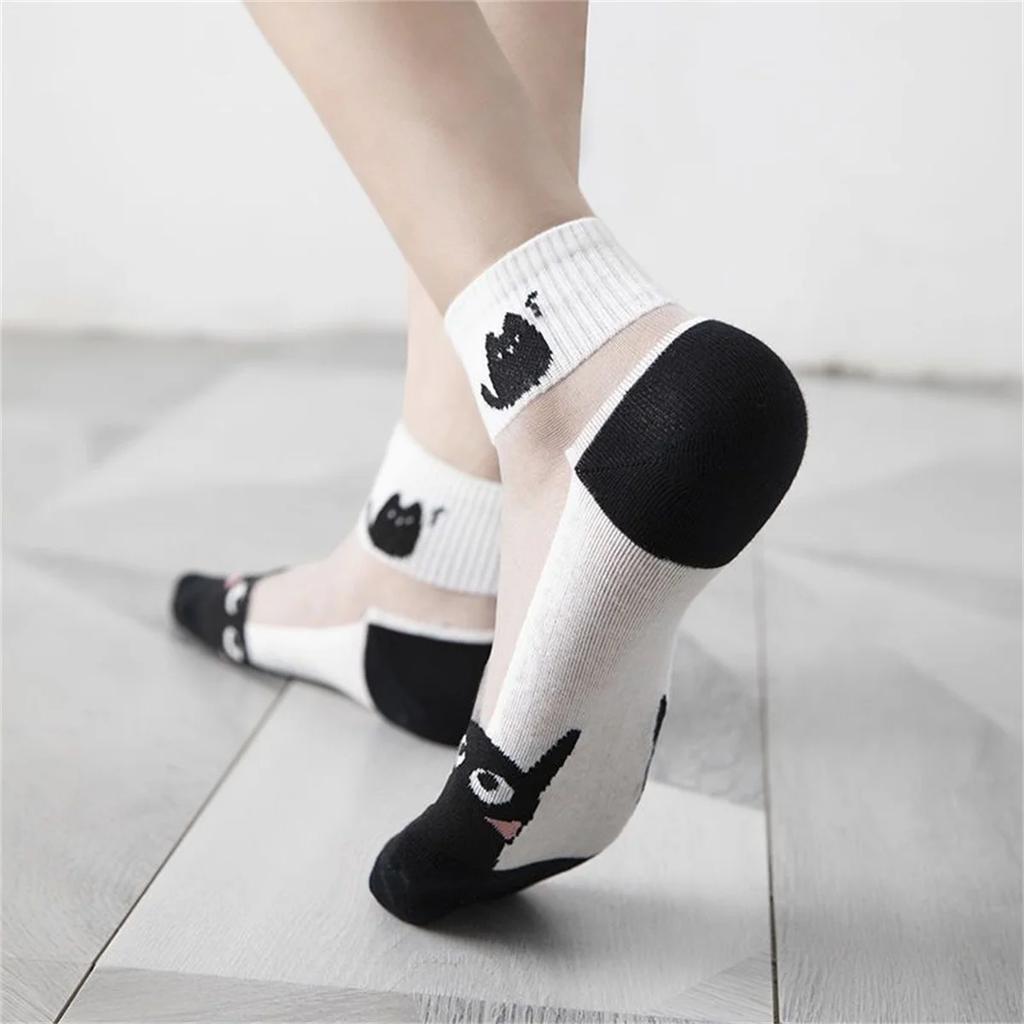 5Pairs/lot Summer Women Socks Black and White Cat Glass Silk Breathable Female Socks Simple Short Socks Cute Cartoon Cat Socks