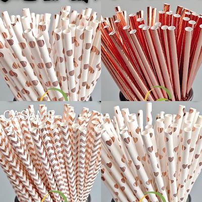 25Pcs Gold Rose Gold Paper Straws Strip Dot Drinking Straw Disposable Tableware Party Supplies Wedding Birthday Party Decoration Kids