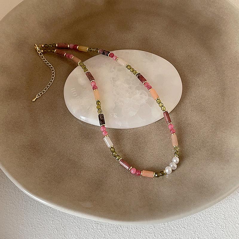 Dopamine Colored Natural Stone Beaded Necklace Female Fresh Sweet Cute Exquisite Fashion Versatile Neck Chain Collarbone Chain