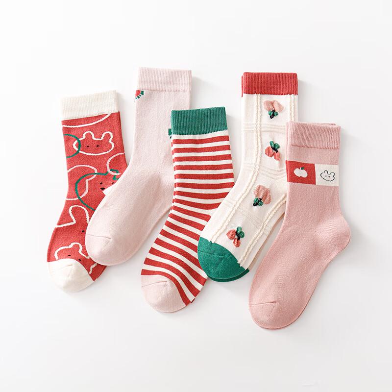 Six-Finger Mouse Girls  Cartoon Combed Cotton Mid-Calf Socks (5 Pairs) Shoe Size 37-42