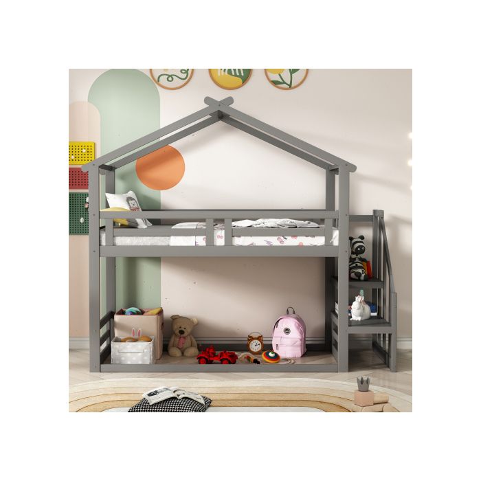 Lit superposé - MUVOE - 90x200 cm - Bois massif - Échelle de sécurité - Gris