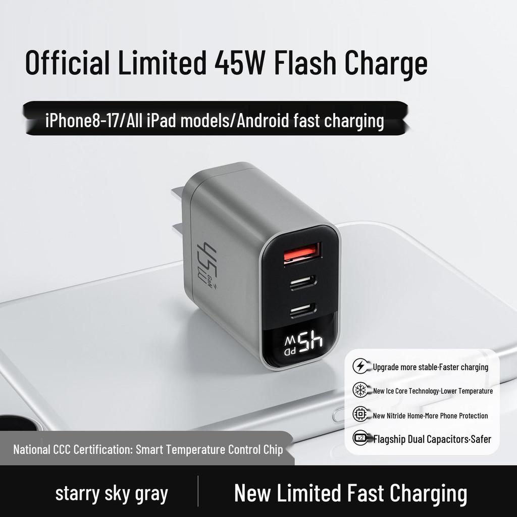 45W Gallium Nitride Fast Charger with Three Ports for iPhone 16 Pro Max