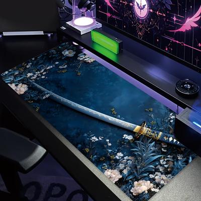 White Flowers and Katana Large Mouse Pad Desk Mat Gaming Mats with Stitched Edge Durable NonSlip Computer Mousepad Office Rug
