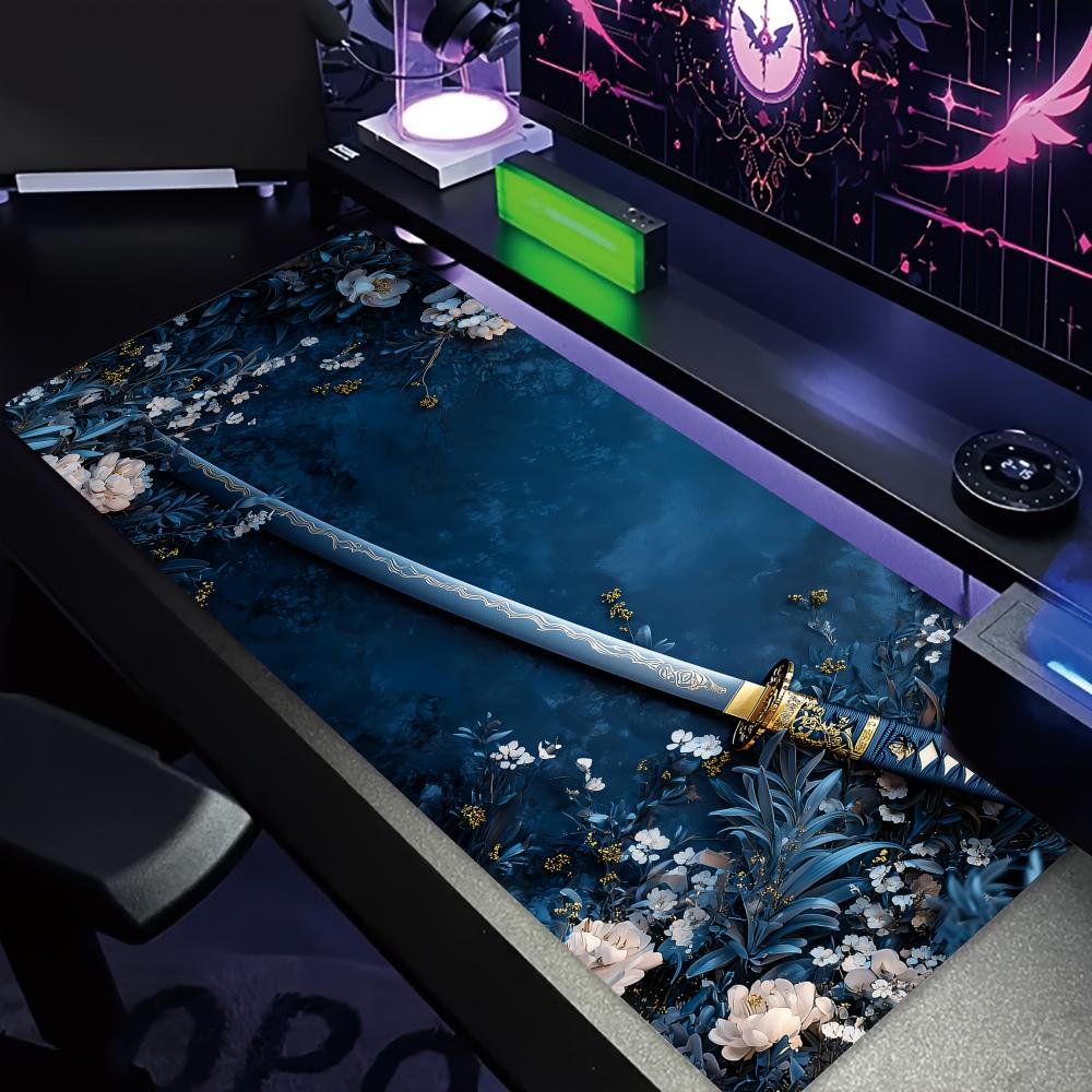 White flowers and katana large Mouse Pad Desk Mat Gaming mats with Stitched Edge Durable NonSlip Computer mousepad office rug