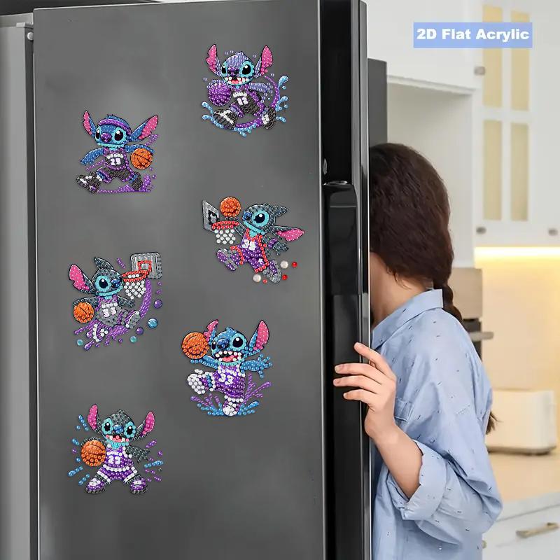 6Pcs DIY Diamond Painting Refrigerator Magnets, Disney Stitch, Cross-stitch Round Diamond Handicraft Home Decoration Gift