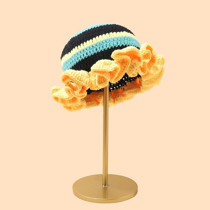 Hand Crochet Bucket Hat with Ruffled Edge Warm Fisherman Hat Ethnic Flower Hat Headwear for Women Winter Elegances