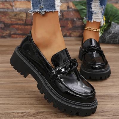 Damen Plateau-Loafer mit Kettendekor, modische Abendschuhe im Preppy-Stil, Lackleder, Slipper, Damen-Flats in Übergröße