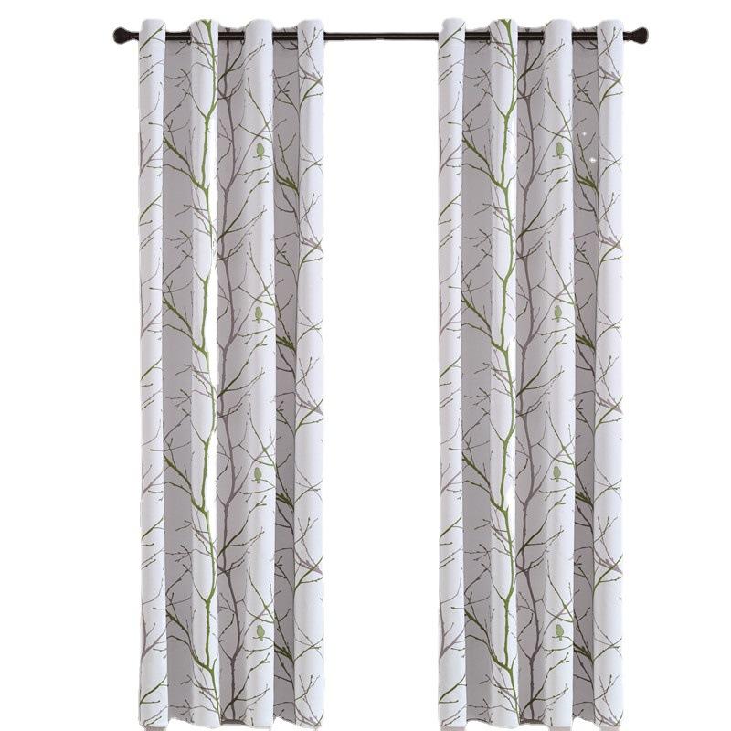Thickened Blackout Thermal Insulation Curtains Sun Blocking, Matte Finish with Bird Branch Print Matte Fabric Curtain Home Decor