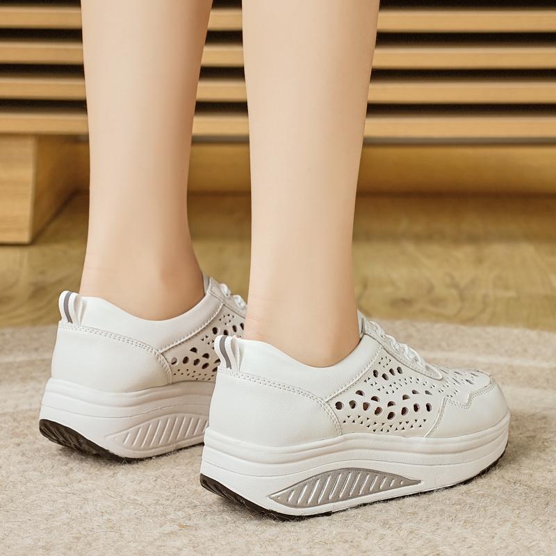 Women's Hole Sneakers Height Increase White Leather Platform Casual Summer Thick Sole Elevator Shake Shoes