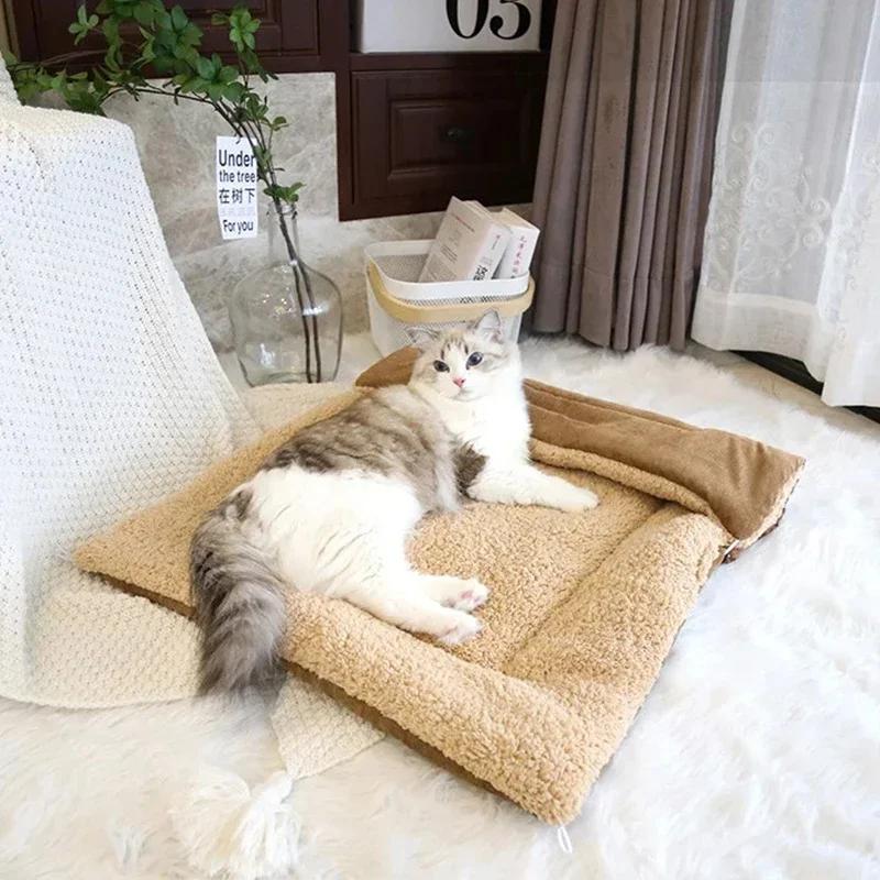 Cats Bed for Winter Pet Fluffy Things Plush Houses Cartoon Beds Warm Dog Mat Kitten Products Habitats Basket Accessory Supplies