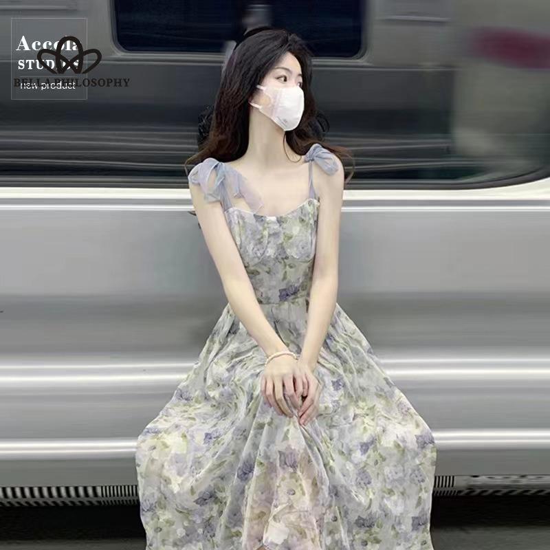 Halter Dress French Niche Oil Painting Style Fairy Super Fairy Mori Tea Break Waisted Skirt Floral Long Dress