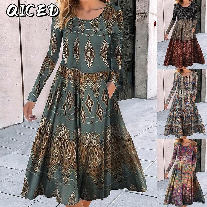 QICED Fashion Autumn Winter Long Sleeve O-Neck Casual Dresses