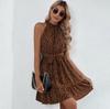 Women Autumn Winter Sleeveless Dot Print Halter Casual A-Line Mini-Length High Waist Ruffled Edges Dress