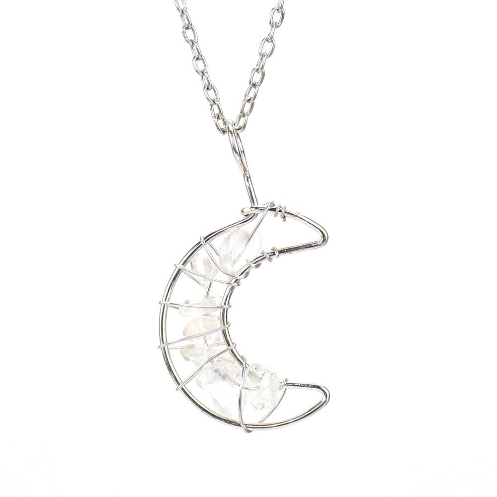 Silver Hand-Wound Colorful Gravel Bead Crystal Amethyst Moon Pendant Necklace N130