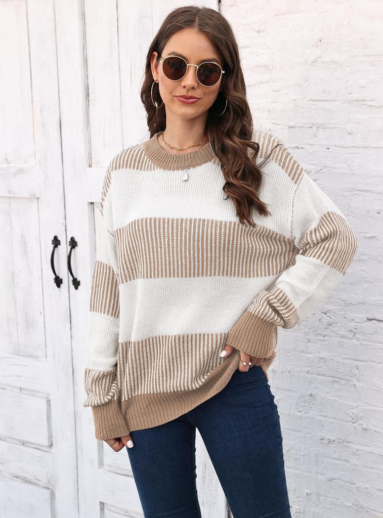Women's Pullover Top Cross-border European and American Women's Clothing Autumn and Winter New Casual Loose Woven Sweater Contrasting Stripes Splicing