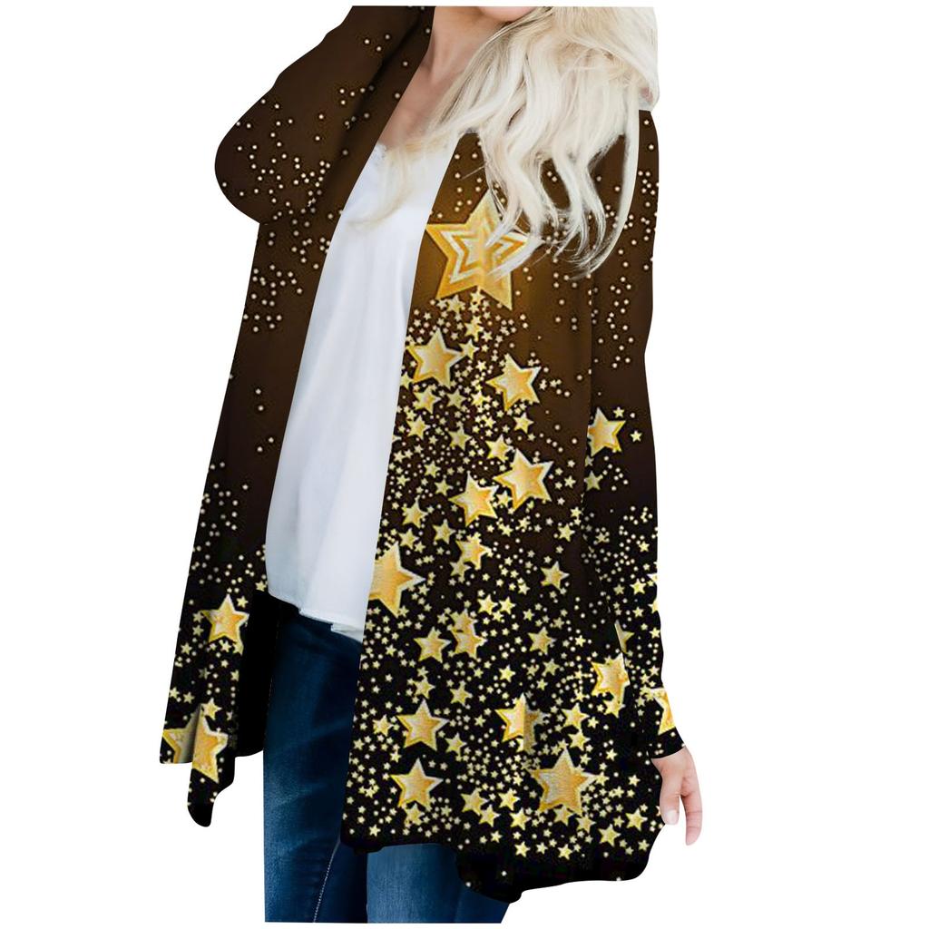 Cardigan feminino estampado de Natal com manga comprida e frente, blusa estampada e jaqueta leve