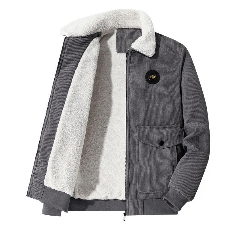 Corduroy Jacket Men's Autumn and Winter Thickened Velvet Casual Lapel Jacket Green and Medium Lamb Velvet Warm Winter Wear