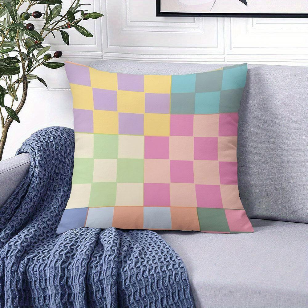 Pastel Grid Square Jacquard Pillow Cover for Sofa Office Waist Cushion Cover Home Decorative Pillowcase