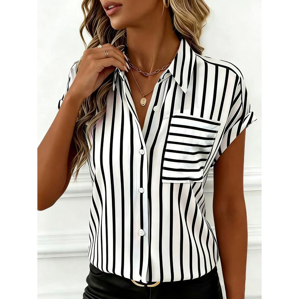 Summer Women's Drop Shoulder Button Striped Pocket Casual Shirt