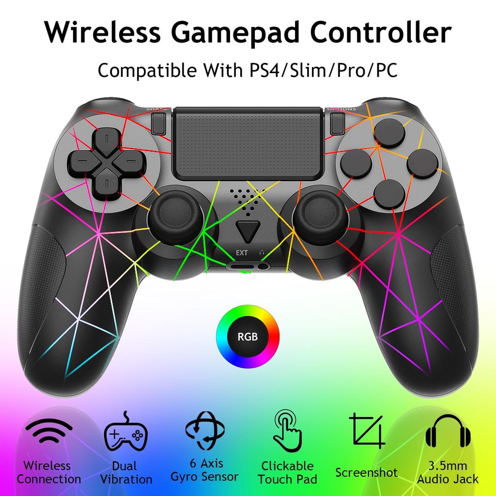 Wireless Controller for PS4 with RGB Lighting,  Remote Game Joystick Compatible with PlayStation 4/PS4 Slim/PS4 Pro/PC
