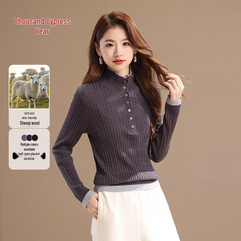 

Женский контрастный свитер Qianbainian из смесовой шерсти, имитирующий двойку, со стойкой M