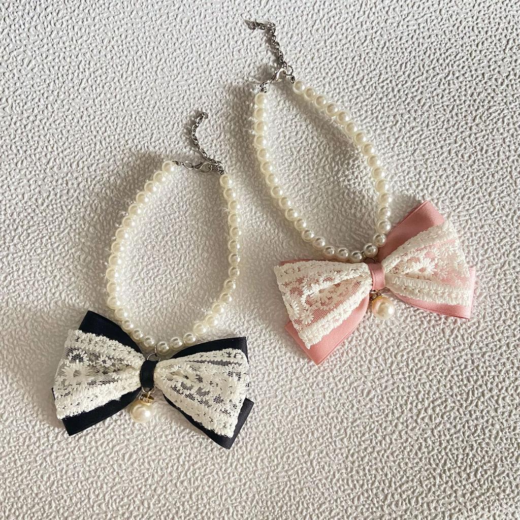 INS Princess Style Bow Ribbon Pet Pearl Necklace Sweet Temperament Cat Dog Collar Neck Ornament Neck