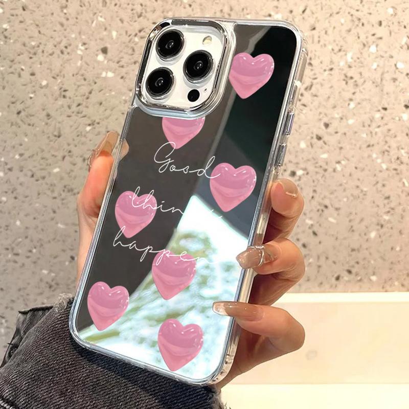 Pink Heart Pattern Mirror Phone Case For IPhone 17 16 Plus 15 14 11 12 13 Pro Max 17E 16E Shockproof Soft Protective Back Cover