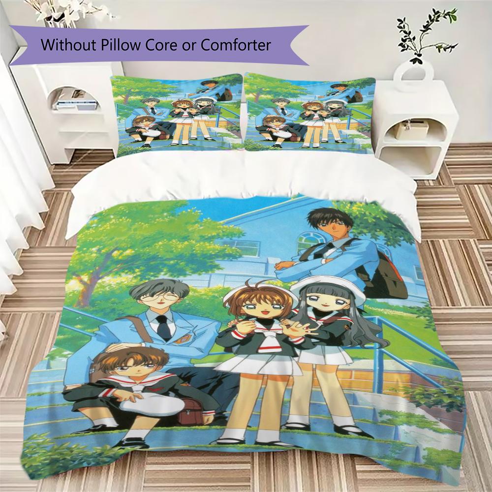 Cardcaptor Sakura Pattern Bedding uilt Set uilt Cover Pillowcase Home Decoration Birthday Gift (1 * duvet cover + 2 * pillowcase without core)