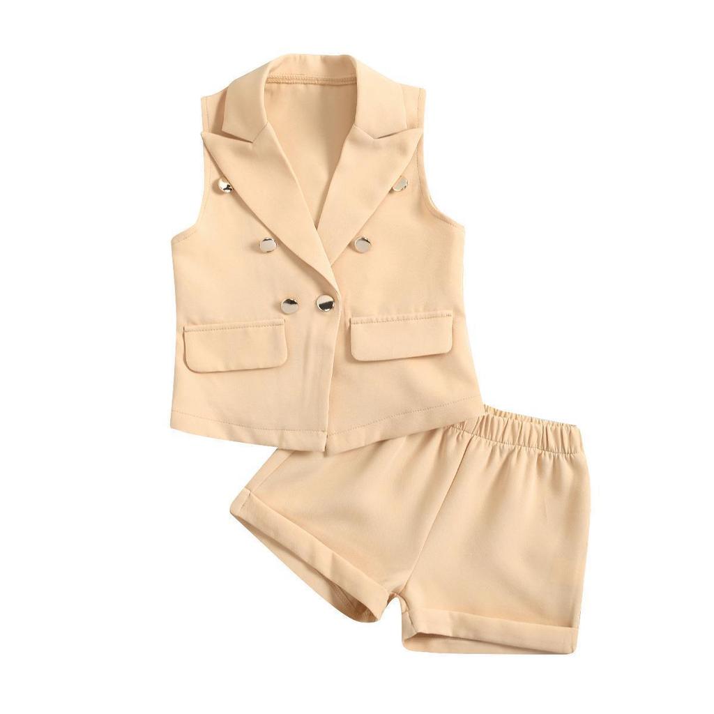 Girls' Fashion Suit Summer Children's Suit Sleeveless Top White Strapless Cuffed Shorts 3-piece Suit