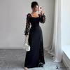 Dames Elegante Vierkante Hals Pofmouwen Mesh Inzet Jacquard Maxi Jurk 3D Slankmakend A-lijn Swing Lange Jurk